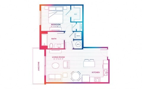 Floor plan for 1 bed, 1 bath, 715 sqft